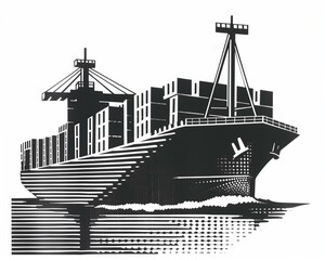 Bold Black and White Shipping Container Illustration of a Cargo Ship in Port Waters for Maritime, Logistics, and Export-Import themes