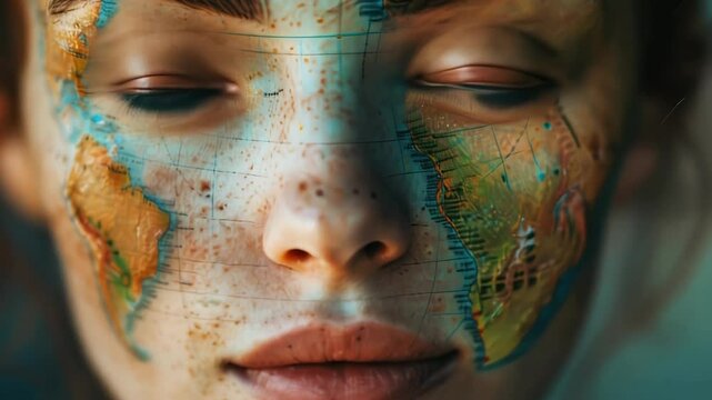 portrait of young woman with world map painted on her face
