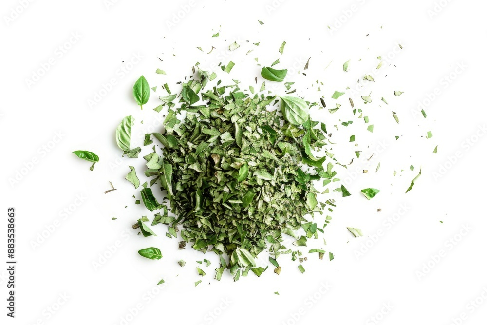 Poster a compact arrangement of green leaves on a white surface, suitable for use in environmental or natur