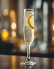 French 75 in a champagne flute with a lemon twist in an elegant French bistro