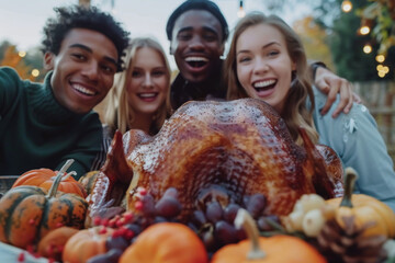 Four multiracial friends posing smiling with a Thanksgiving turkey