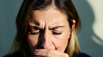 Close up portrait of a european blonde woman looking annoyed.