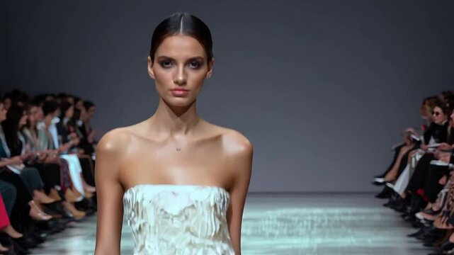 Very Close up on a female model on a catwalk showing off an elegant dress.
