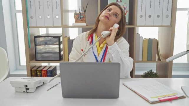 A female veterinary doctor at a clinic is on the phone while working on a laptop in a well-organized office, with shelves full of binders and medical reference materials in the background.