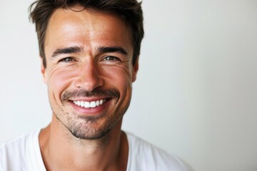 Fototapeta premium A person smiling while holding a toothbrush in their mouth, highlighting the importance of oral hygiene