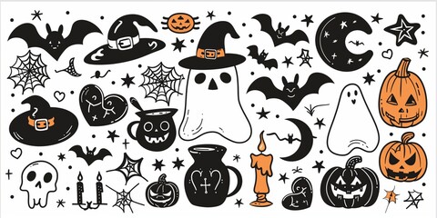 Obraz premium A festive collection of Halloween-themed doodles featuring classic spooky elements.