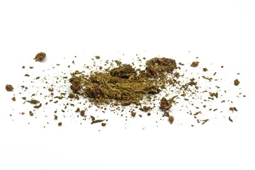 prescription and recreational medical marijuana dried flower bud isolated on white background. Medical marijuana.Therapeutic and medicinal cannabis. Marijuana nugget.