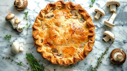 Delicious mushroom quiche on a marble countertop. Concepts of savory pie, home-baked pastry, vegetarian cuisine, comfort food, mushroom pie