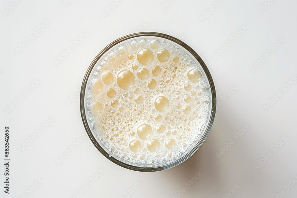 Poster a close-up view of a glass filled with white milk, suitable for use in food or drink related context