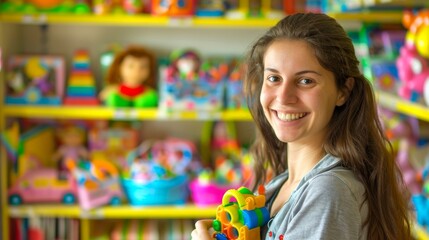 Caucasian woman shopping for toys in a colorful toy store. Concept of retail, shopping, childhood, joy. Copy space