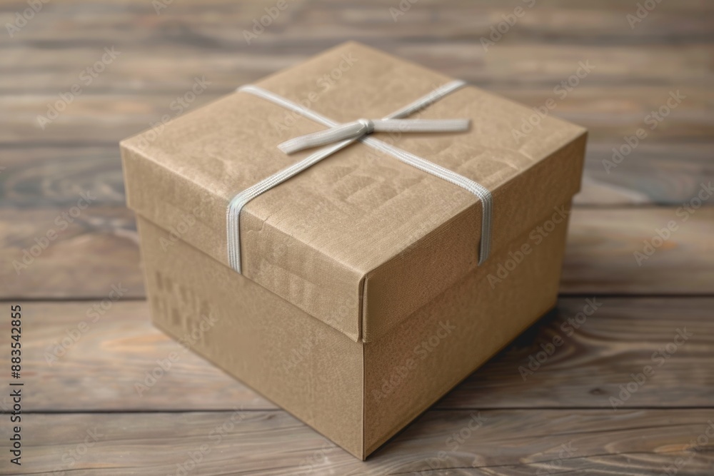 Poster a simple wooden table featuring a brown box adorned with a white ribbon, perfect for capturing the e