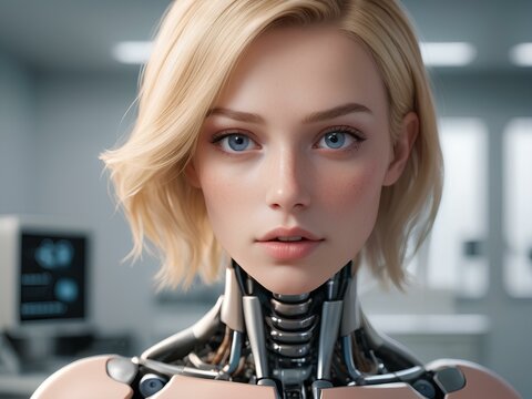Portrait of blonde haired female robot with a short haircut standing on blurred laboratory background. Ai Generated