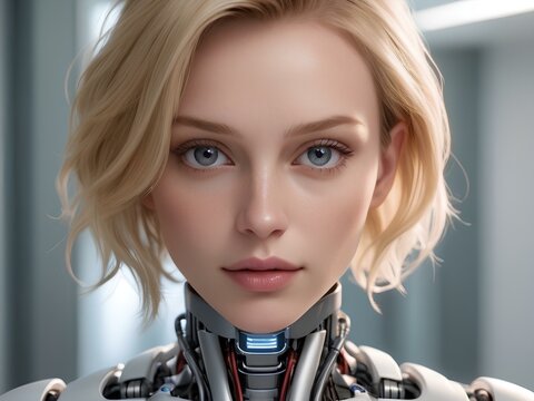 Portrait of blonde haired female robot with a short haircut standing on blurred laboratory background. Ai Generated
