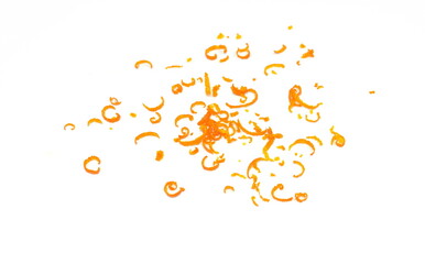 Fresh Orange Zest. Grated Orange Rinds Isolated. Raw Citrus Peel, Grated Orange Skin, Fresh Zest on White Background 