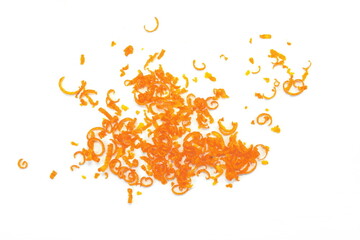 Fresh Orange Zest. Grated Orange Rinds Isolated. Raw Citrus Peel, Grated Orange Skin, Fresh Zest on White Background 