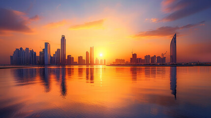 Fototapeta premium Iconic Landmarks: Notable structures such as the Etihad Towers and the Sheikh Khalifa Bridge stand majestically, their architectural elegance enhanced by the warm glow of the setting sun. 