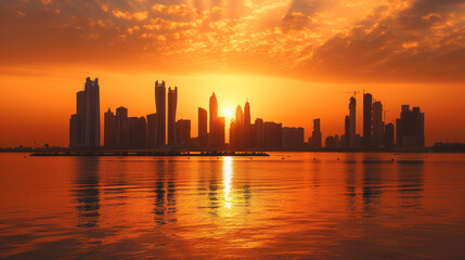 Iconic Landmarks: Notable structures such as the Etihad Towers and the Sheikh Khalifa Bridge stand majestically, their architectural elegance enhanced by the warm glow of the setting sun.
