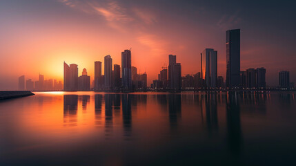 Fototapeta premium Iconic Landmarks: Notable structures such as the Etihad Towers and the Sheikh Khalifa Bridge stand majestically, their architectural elegance enhanced by the warm glow of the setting sun. 