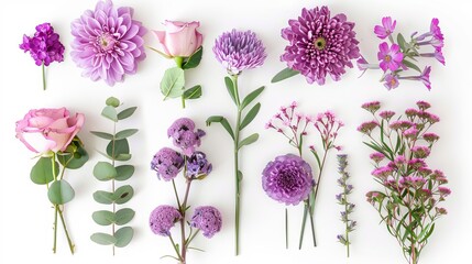 Collection of rose flowers chrysanthemums limonium eucalyptus branches and carnations isolated on a white background Arranged as a bouquet of beautiful lilac flowers displayed in a