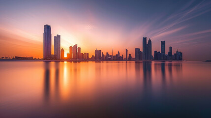 Naklejka premium Iconic Landmarks: Notable structures such as the Etihad Towers and the Sheikh Khalifa Bridge stand majestically, their architectural elegance enhanced by the warm glow of the setting sun. 