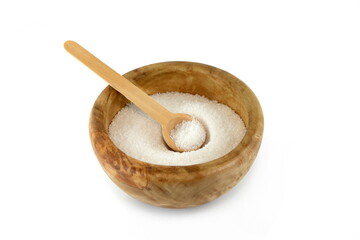 natural sea salt in wooden bowl isolated on white background.