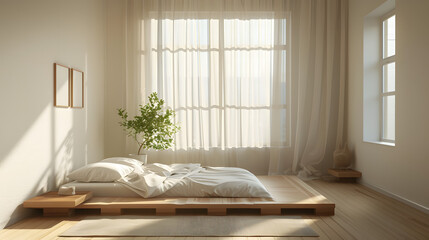 A minimalist bedroom featuring a low platform bed