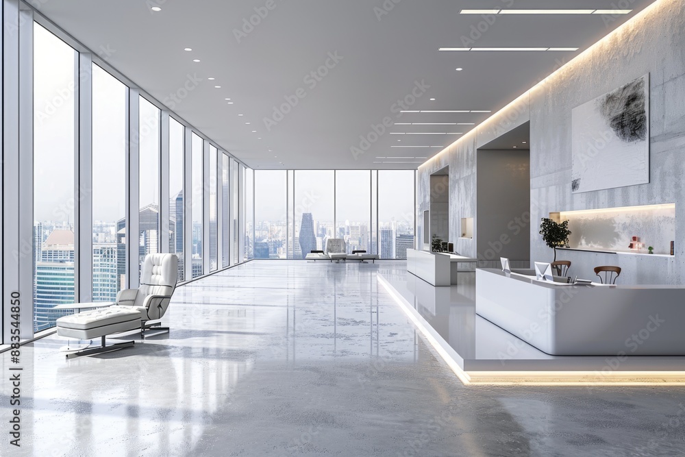 Poster a modern office with a view of the city skyline, ideal for use in presentations and reports about ur