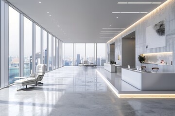 A modern office with a view of the city skyline, ideal for use in presentations and reports about urban development or economic growth