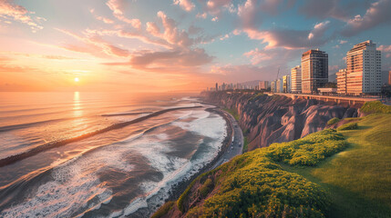 Dramatic Sky: The sky is ablaze with hues of orange, pink, and purple as the sun dips below the horizon, casting a warm glow over the entire scene. Wispy clouds catch the light, creating a stunning