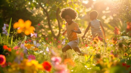 African American children running through a lush flower garden at sunset. Concept of childhood joy, nature, outdoor play, happiness