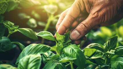 Close-up of male hand picking basil leaves from plant in garden. Concept of gardening, herb cultivation, harvesting, fresh ingredients