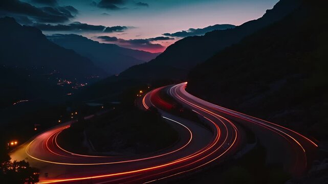 The winding roads through the mountains become a dazzling display of light trails as cars make their way to their destination.