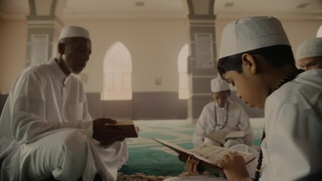 Muslim family praying and reading from books in silence