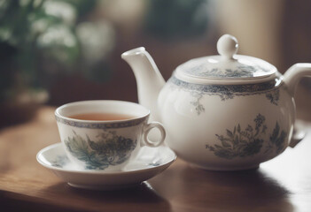 Herbal tea in a porcelain teapot with a matching teacup in an elegant tea room