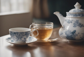Herbal tea in a porcelain teapot with a matching teacup in an elegant tea room