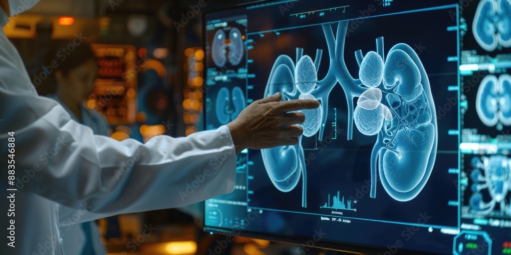 Poster a person in a lab coat reviews information on a computer screen, likely for scientific or research p