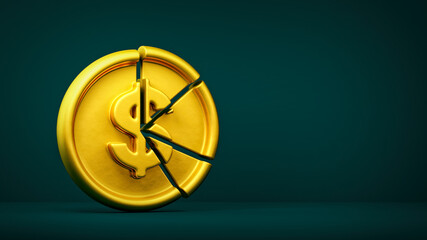 Gold dollar coin divided into pie chart. Investment, tax, inflation, budget concept. 3D illustration render.
