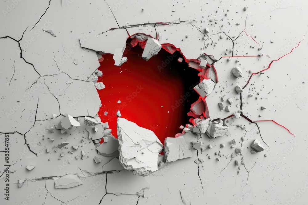 Canvas Prints A hole in a wall with red paint, useful for various design and decoration projects