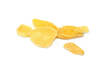 Dried ginger with sugar on a white background. Dried candied ginger isolated.