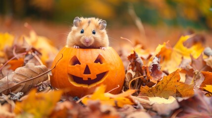 Naklejka premium Cute hamster inside a carved pumpkin with autumn leaves. Concept of pet, Halloween, fall season, nature, jack-o-lantern