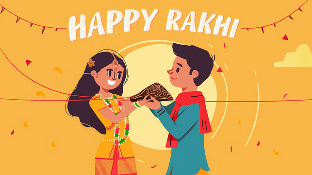 Rakhi Celebration, Brother and Sister Laughing, Exchanging Gifts, Indian festival, Rakshabandhan, Cartoon style 
