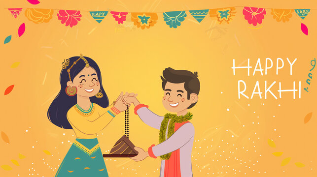 Rakhi Celebration, Brother and Sister Laughing, Exchanging Gifts, Indian festival, Rakshabandhan, Cartoon style 