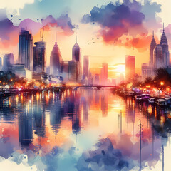Fototapeta premium Watercolor cityscape at sunset, skyscrapers reflecting in river