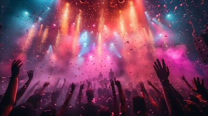 Obraz premium Silhouettes of enthusiastic fans raising their hands during a live concert performance, with bright stage lights and dynamic colors creating an energetic atmosphere.