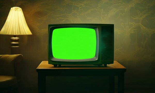 An old, vintage TV sitting on a wooden displaying a bright green screen (mov)