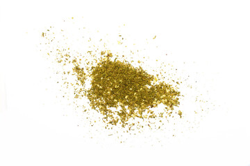 Zaatar spice isolated on white. Pile of zaatar (za'atar), a middle eastern spice mix with sesame seeds, salt, oregano, thyme, and marjoram - isolated