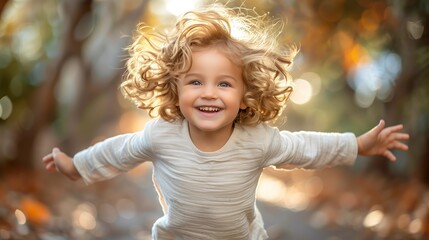 A young child runs with arms wide open, expressing pure joy amidst a beautifully blurred autumn backdrop. The sense of freedom and happiness is palpable in this candid capture.