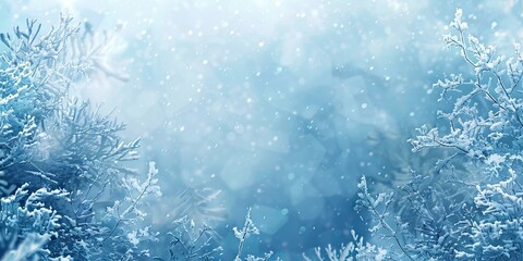 Frozen winter branches with snowflakes falling in a forest scene. Concept of winter, nature, snowfall, cold weather. Copy space. Blue Winter background