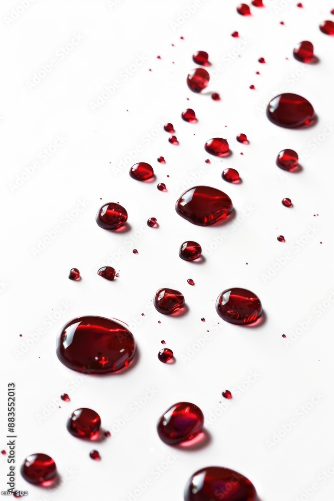 Poster close-up view of numerous small red water drops on a white surface, with varying sizes and shapes
