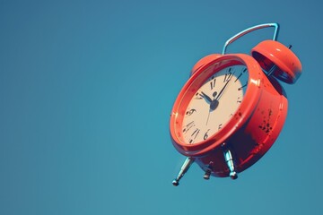 A red alarm clock is hung from the side of a building, a common urban sight